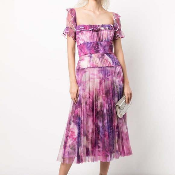 Marchesa Dresses & Skirts - Marchesa Notte Purple Pleated Chiffon Midi Dress Size 4
